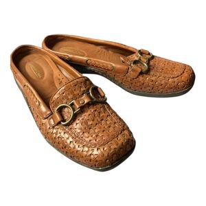 Coldwater Creek Leather Woven Mules With Brass Buckles Size 7.5